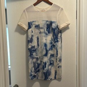White Mesh & Blue Abstract Print Shift Dress